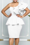 White Elegant Solid Patchwork Flounce Oblique Collar Evening Dress Dresses