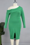 Green Casual Solid Patchwork Slit Oblique Collar Long Sleeve Plus Size Dresses