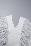 White Casual Solid Tassel Slit V Neck Short Sleeve Dress Dresses