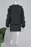 Black Casual Solid Hollowed Out O Neck Long Sleeve Two Pieces