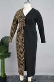 Black Gold Casual Patchwork Slit V Neck Plus Size Dresses