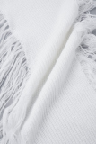White Casual Solid Tassel Slit V Neck Short Sleeve Dress Dresses