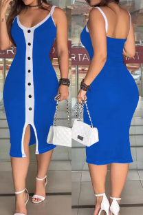Blue Sexy Casual Solid Patchwork Backless Spaghetti Strap Wrapped Skirt Dresses