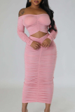 Pink Celebrities Solid Patchwork Fold Off the Shoulder Long Dress Dresses