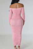 Cyan Celebrities Solid Patchwork Fold Off the Shoulder Long Dress Dresses