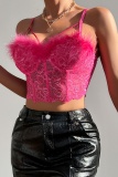Rose Red Sexy Casual Solid Patchwork Feathers Backless Spaghetti Strap Tops