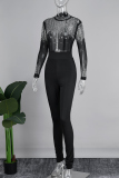 Black Sexy Casual Solid Patchwork See-through Hot Drill Half A Turtleneck Skinny Jumpsuits