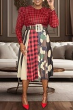 Red Casual Print Basic O Neck Plus Size Two Pieces (Without Belt)