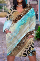 Khaki Casual Print Basic V Neck Long Sleeve Dresses