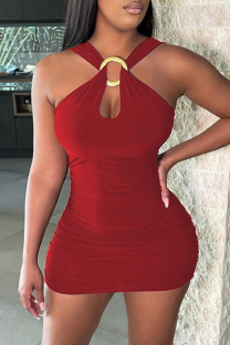 Red Sexy Casual Solid Hollowed Out Backless V Neck Sleeveless Dress Dresses