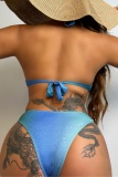 Blue Sexy Gradual Change Print Hollowed Out Frenulum Backless Swimwears (With Paddings)