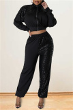 Black Casual Solid Sequins Patchwork Zipper Collar Long Sleeve Two Pieces