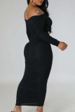 Black Celebrities Solid Patchwork Fold Off the Shoulder Long Dress Dresses