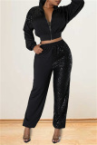 Black Casual Solid Sequins Patchwork Zipper Collar Long Sleeve Two Pieces