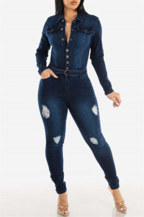 Deep Blue Casual Solid Ripped Patchwork Turndown Collar Long Sleeve Skinny Denim Jumpsuits