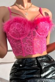 Rose Red Sexy Casual Solid Patchwork Feathers Backless Spaghetti Strap Tops