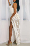 White Sexy Formal Patchwork Sequins Backless Slit Strapless Long Dress Dresses