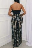 Black Sexy Formal Patchwork Sequins Backless Slit Strapless Long Dress Dresses