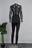 Black Sexy Casual Solid Patchwork See-through Hot Drill Half A Turtleneck Skinny Jumpsuits