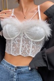 White Sexy Casual Solid Patchwork Feathers Backless Spaghetti Strap Tops