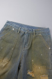 Blue Street College Solid Ripped Make Old Patchwork Pocket Buttons Zipper Low Waist Straight Denim Jeans
