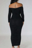 Black Celebrities Solid Patchwork Fold Off the Shoulder Long Dress Dresses