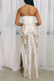 White Sexy Formal Patchwork Sequins Backless Slit Strapless Long Dress Dresses