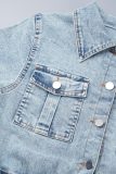 Blue Sweet Solid Patchwork Pocket Frenulum Buckle Turndown Collar Regular Jumpsuits