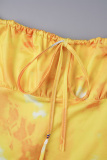 Yellow Sweet Print Patchwork Draw String Zipper Square Collar Printed Dress Dresses