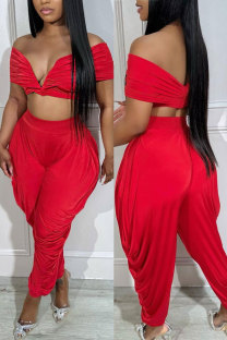 Red Sexy Casual Street Daily Solid Color Off the Shoulder Sleeveless Two Pieces
