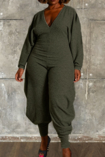 Army Green Sweet Solid Patchwork V Neck Regular Jumpsuits