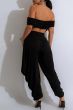 Black Sexy Casual Street Daily Solid Color Off the Shoulder Sleeveless Two Pieces