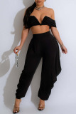 Black Sexy Casual Street Daily Solid Color Off the Shoulder Sleeveless Two Pieces