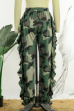 White Casual Camouflage Print Patchwork Regular High Waist Conventional Full Print Trousers