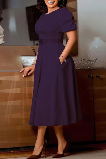 Dark Purple Elegant Solid Patchwork With Belt O Neck A Line Dresses