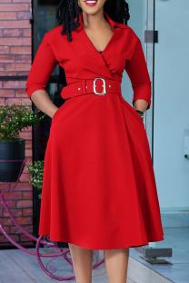 Red Elegant Solid Patchwork With Belt V Neck A Line Dresses（Belt Included）