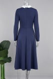Deep Blue Casual Elegant Solid Patchwork Turndown Collar A Line Dresses
