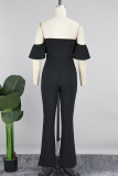 Black Sexy Solid Patchwork Backless Bright Silk Off the Shoulder Regular Jumpsuits