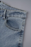 Deep Blue Casual Solid Hollowed Out Patchwork High Waist Regular Denim Jeans