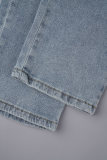 Deep Blue Casual Solid Hollowed Out Patchwork High Waist Regular Denim Jeans