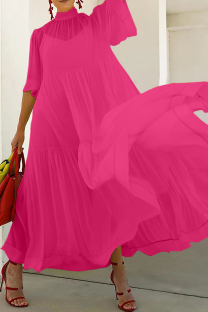 Rose Red Casual Solid Patchwork Turtleneck Long Dress Dresses