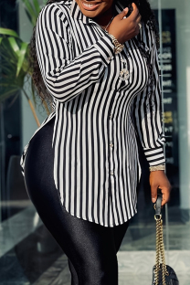 Black Casual Plaid Striped Print Slit Shirt Collar Plus Size Tops