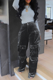 Dark Gray Casual Solid Patchwork Pocket Regular High Waist Conventional Solid Color Trousers