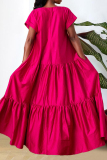 Rose Red Sweet Solid Patchwork V Neck Long Dress Dresses
