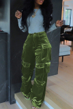 Green Casual Solid Patchwork Pocket Regular High Waist Conventional Solid Color Trousers