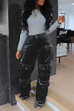 Dark Gray Casual Solid Patchwork Pocket Regular High Waist Conventional Solid Color Trousers