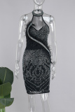 Black Elegant Hot Drilling Patchwork Feathers O Neck Wrapped Skirt Dresses