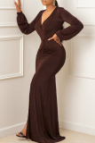 Black Elegant Solid Patchwork Slit Fold V Neck Long Dress Dresses