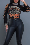 Black Casual Print Ripped O Neck Tops