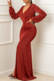 Tangerine Red Elegant Solid Patchwork Slit Fold V Neck Long Dress Dresses